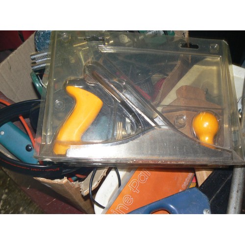 305 - 2 BOXES OF VARIOUS TOOLS DRILLS, SAWS, VICES ETC