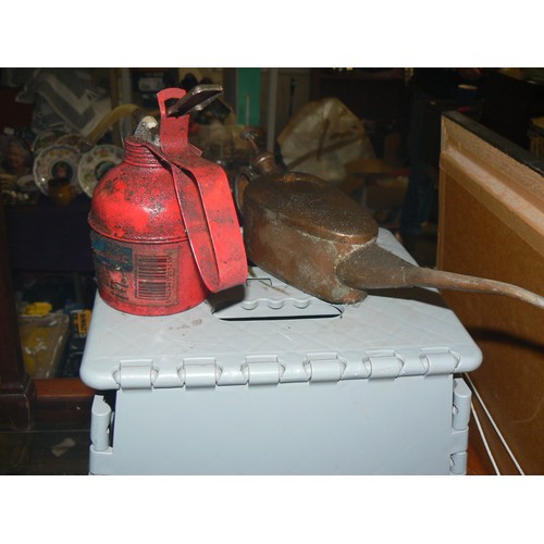 309 - 2 VINTAGE OIL CANS AND A STEP STOOL