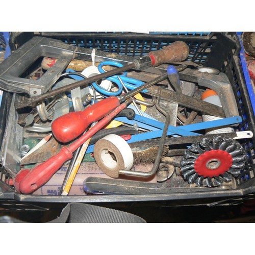 312 - 2 TRAYS TOOLS TO INCLUDE HACKSAWS, BRASS TAP, SPOKESHAVE, WIRE BRUSHES ETC