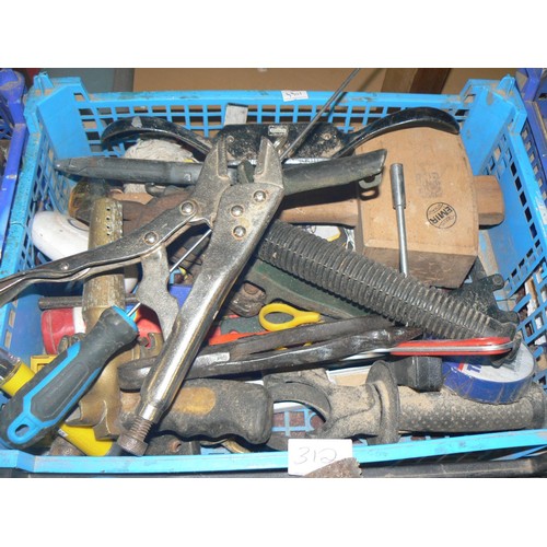 312 - 2 TRAYS TOOLS TO INCLUDE HACKSAWS, BRASS TAP, SPOKESHAVE, WIRE BRUSHES ETC