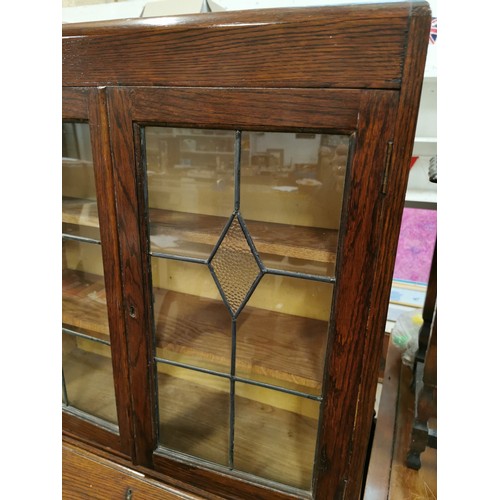 467 - VINTAGE OAK BUREAU DISPLAY CABINET WITH LEADED GLASS TOP, DROP DOWN WRITING SURFACE AND SINGLE DRAWE... 