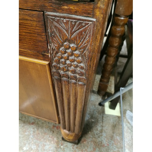 467 - VINTAGE OAK BUREAU DISPLAY CABINET WITH LEADED GLASS TOP, DROP DOWN WRITING SURFACE AND SINGLE DRAWE... 