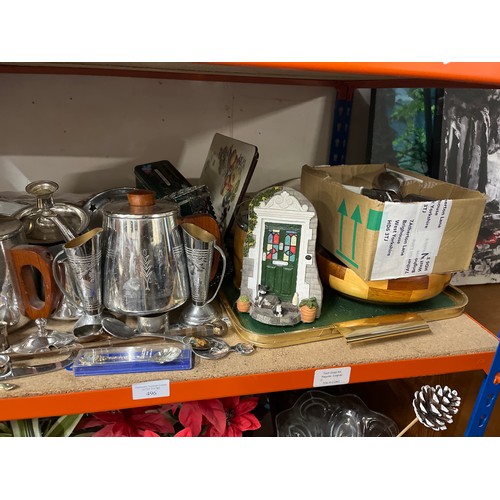 496 - SHELF OF MIXED ITEMS TO INCLUDE METAL TEA SETS, EGG CUPS, CUTLERY, WOODEN BOWL, TRAYS, NEW TABLEWARE... 