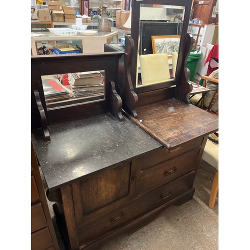 515 - VINTAGE DARK WOOD WASH STAND WITH 2 SEPERATE MIRRORED BACKS