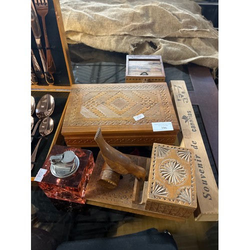 396 - CARVED WOODEN CIGARETTE BOXES AND A VINTAGE TABLE LIGHTER