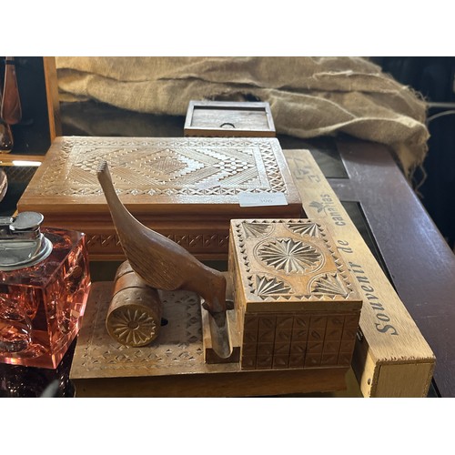 396 - CARVED WOODEN CIGARETTE BOXES AND A VINTAGE TABLE LIGHTER