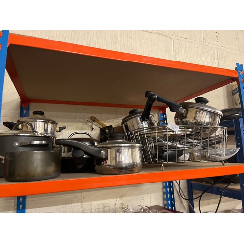 406 - A SHELF OF VARIOUS KITCHENWARE, SAUCEPANS INCLUDING ONE BY JUDGE, UTENSILS ETC