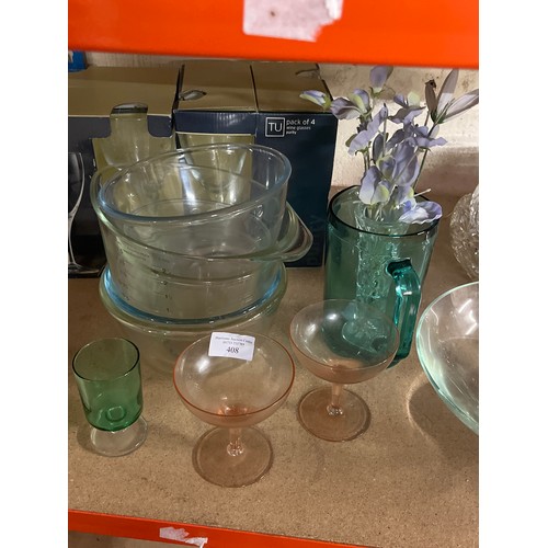 408 - SELECTION OF GLASSWARE TO INCLUDE NEW WINE GLASSES, FRUIT BOWLS, PYREX DISHES, JUGS ETC