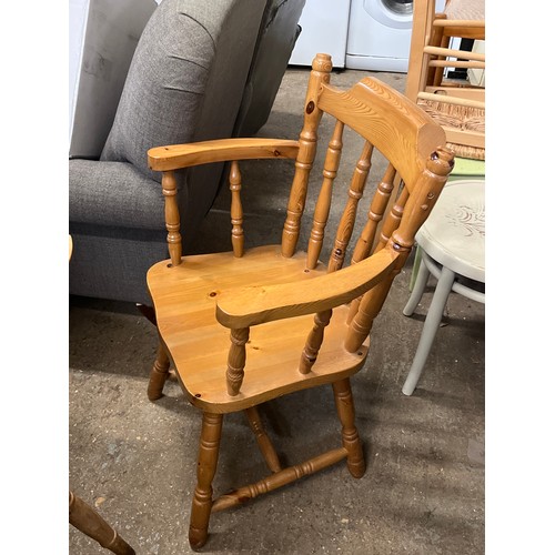 517 - PINE SMOKERS BOW CAPTAINS CHAIR PLUS A FUTHER KITCHEN CHAIR