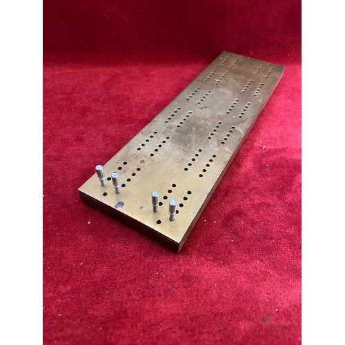 51 - Brass & Mahogany cribbage board with four marker pegs.