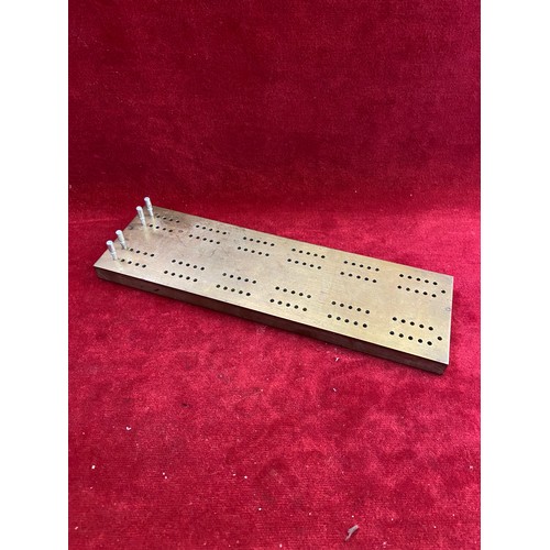 51 - Brass & Mahogany cribbage board with four marker pegs.