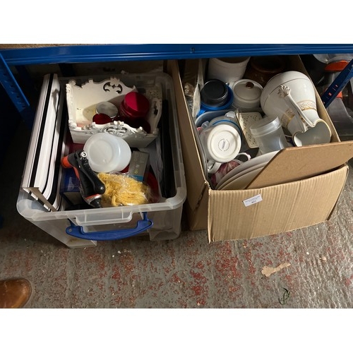 405 - 2 BOXES OF VARIOUS HOUSEHOLD, KITCHENWARE AND DECORATIVE ITEMS