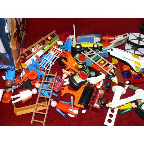 205 - A BASKET OF TOYS TO INCLUDE VINTAGE PLAYMOBIL FIGURES PLUS A MEGA MAGIC GAME