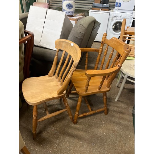 517 - PINE SMOKERS BOW CAPTAINS CHAIR PLUS A FUTHER KITCHEN CHAIR