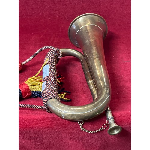 83 - VINTAGE BRASS BUGLE WITH RED, YELLOW AND BLACK BRAIDING