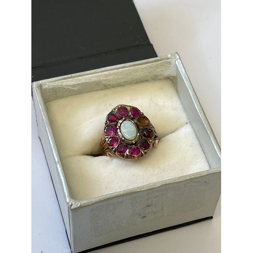 45 - A 19TH CENTURY 15CT GOLD OPAL AND RUBY ONE STONE MISSING. SIZE N WEIGHT (TESTING AS LIKELY 15CT, NOT... 