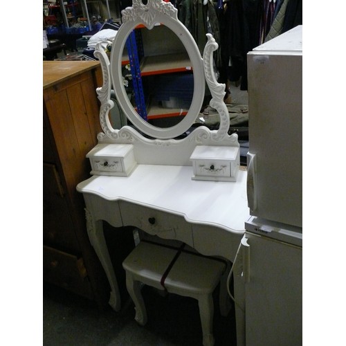 407 - ORNATE WHITE DRESSING TABLE WITH MIRROR AND STOOL