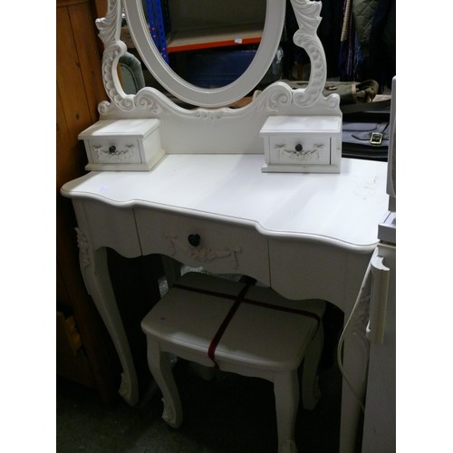 407 - ORNATE WHITE DRESSING TABLE WITH MIRROR AND STOOL