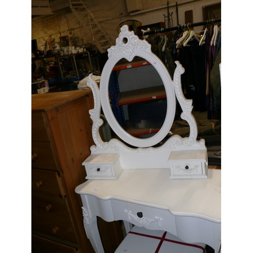 407 - ORNATE WHITE DRESSING TABLE WITH MIRROR AND STOOL