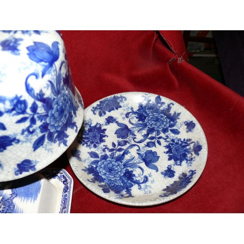 74 - VINTAGE BLUE AND WHITE CHEESE DOME AND A BLUE AND WHITE BUTTER DISH