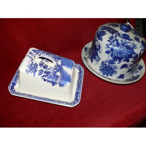 74 - VINTAGE BLUE AND WHITE CHEESE DOME AND A BLUE AND WHITE BUTTER DISH