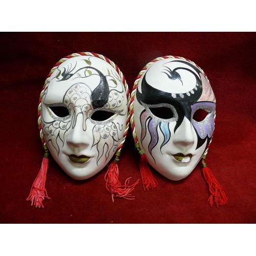 64 - 2 HAND PAINTED VENETIAN MASQUERADE WALL MASKS PLUS A GALOS ART DECO STYLE CERAMIC MASK