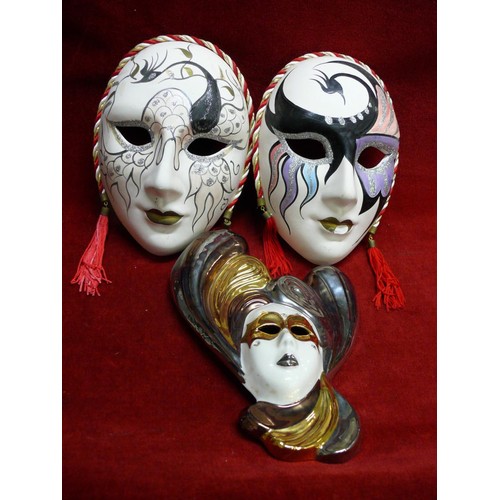 64 - 2 HAND PAINTED VENETIAN MASQUERADE WALL MASKS PLUS A GALOS ART DECO STYLE CERAMIC MASK