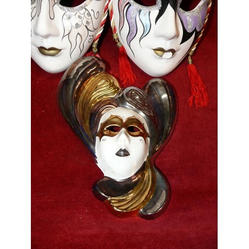 64 - 2 HAND PAINTED VENETIAN MASQUERADE WALL MASKS PLUS A GALOS ART DECO STYLE CERAMIC MASK