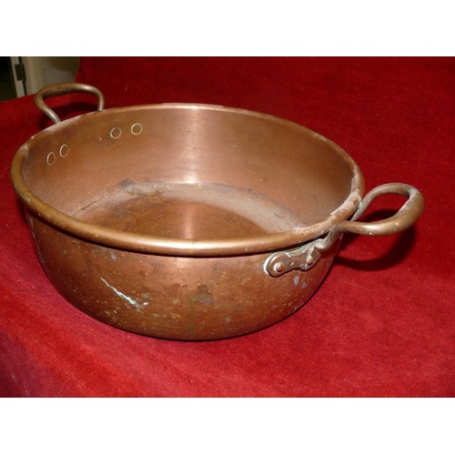 77 - LARGE HEAVY COPPER 2 HANDLED JAM PAN