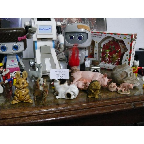 106 - NICE MIXED LOT -  ANIMAL FIGURES, CONFUSED ROBOT AND 2 OTHERS, CHARLES DICKENS  BOOKS, VINTAGE BOTTL... 