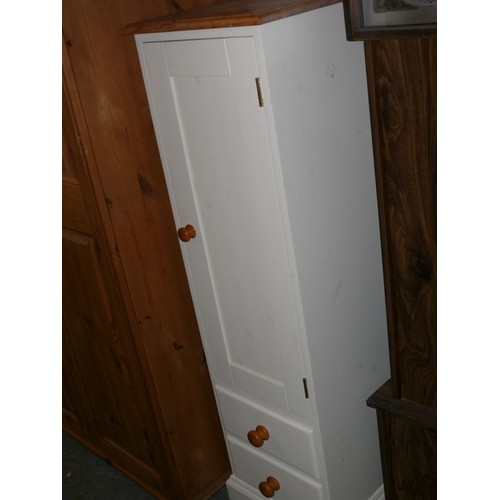 278 - PINE AND CREAM PAINTED NARROW CUPBOARD WITH 2 DRAWERS TO BOTTOM