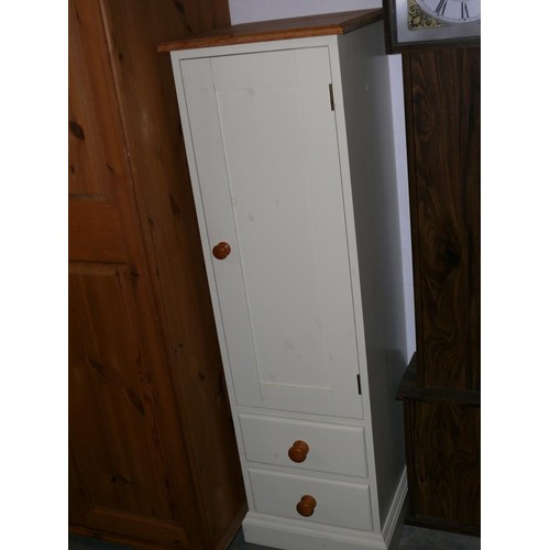 278 - PINE AND CREAM PAINTED NARROW CUPBOARD WITH 2 DRAWERS TO BOTTOM