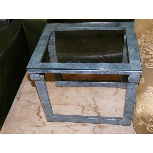 287 - SMALL HEAVY METAL SIDE TABLE WITH GLASS TOP