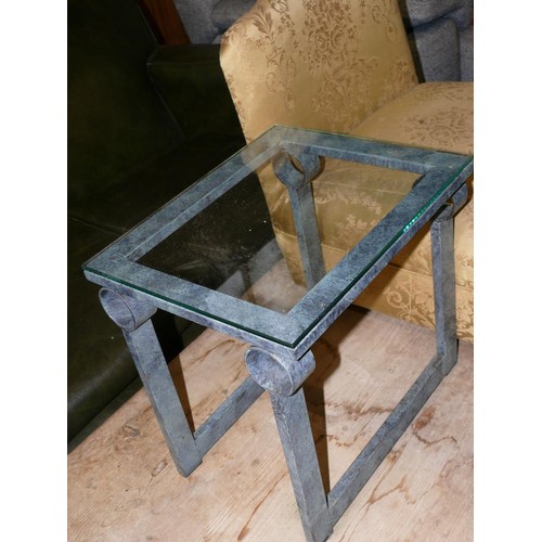 287 - SMALL HEAVY METAL SIDE TABLE WITH GLASS TOP