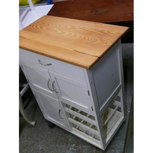 294 - WHITE PAINTED KITCHEN TROLLEY WITH CUPBOARDS AND WINE RACK