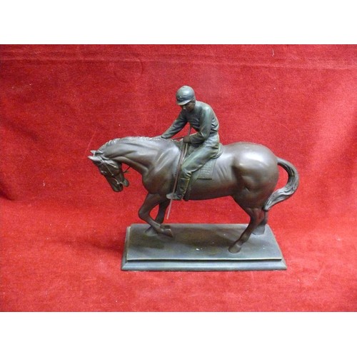 76 - RACEHORSE AND JOCKEY STATUE, MARKED ON BASE CROSA 1995. BRONZE EFFECT FINISH