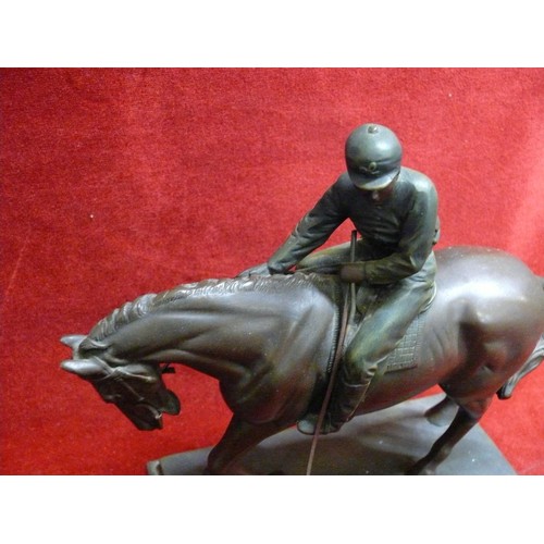 76 - RACEHORSE AND JOCKEY STATUE, MARKED ON BASE CROSA 1995. BRONZE EFFECT FINISH