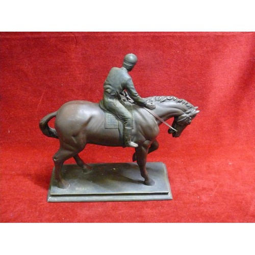 76 - RACEHORSE AND JOCKEY STATUE, MARKED ON BASE CROSA 1995. BRONZE EFFECT FINISH