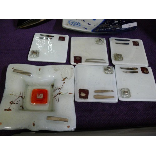 89 - GRECIAN HANDMADE ART GLASS SHIP TEA LIGHT BURNER, PLUS  A DISH AND  4 COASTERS