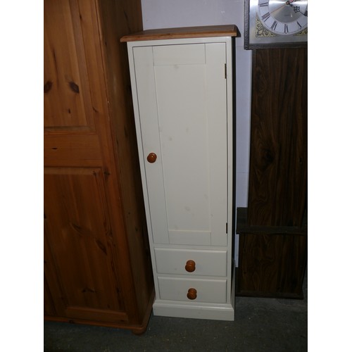 278 - PINE AND CREAM PAINTED NARROW CUPBOARD WITH 2 DRAWERS TO BOTTOM