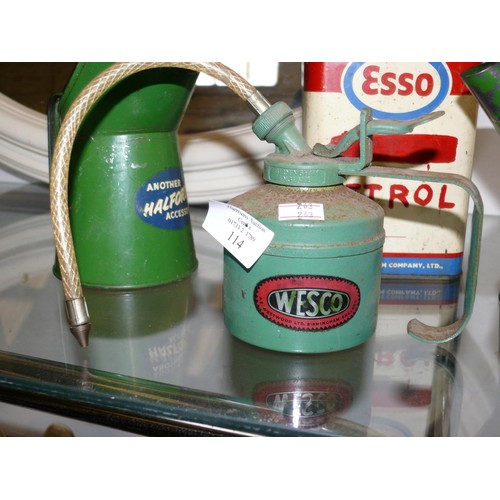 114 - AN ESSO PETROL CAN, 2 HALFORDS OIL POURERS AND A WESCO OIL CAN