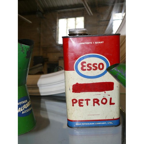 114 - AN ESSO PETROL CAN, 2 HALFORDS OIL POURERS AND A WESCO OIL CAN