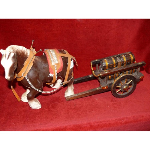 153 - Pottery shire horse figure with wooden barrel cart.