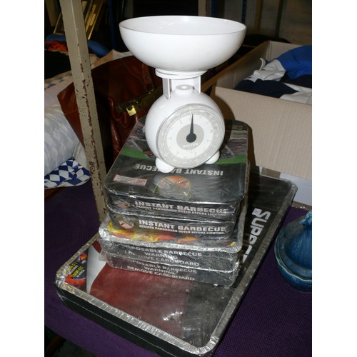 156 - 5 DISPOSABLE INSTANT BBQS IN VARIOUS SIZES PLUS BLUE CHICKEN CROCK AND SALTER KITCHEN SCALES