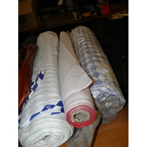 151 - 2 ROLLS OF BLUE DIAMOND GARY RHODES FABRIC PLUS A ROLL OF RED STRIPED VINYL