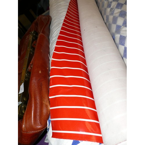 151 - 2 ROLLS OF BLUE DIAMOND GARY RHODES FABRIC PLUS A ROLL OF RED STRIPED VINYL