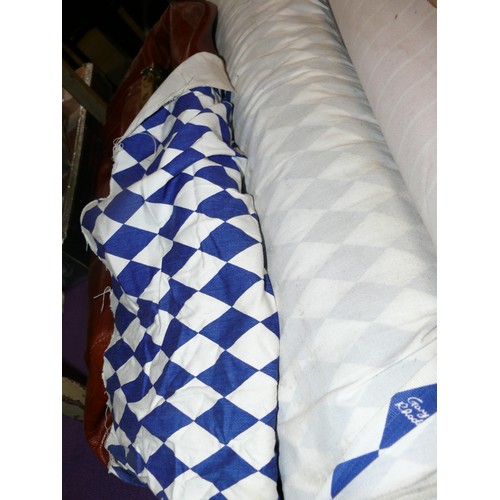 151 - 2 ROLLS OF BLUE DIAMOND GARY RHODES FABRIC PLUS A ROLL OF RED STRIPED VINYL