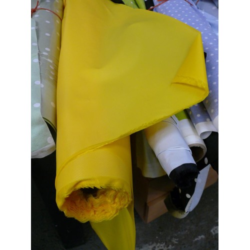 331 - 3 PART ROLLS OF WATERPROOF FABRIC 1 IN SUNSHINE YELLOW, 1 SHOWER CURTAIN MATERIAL AND 1 BLACK WITH L... 