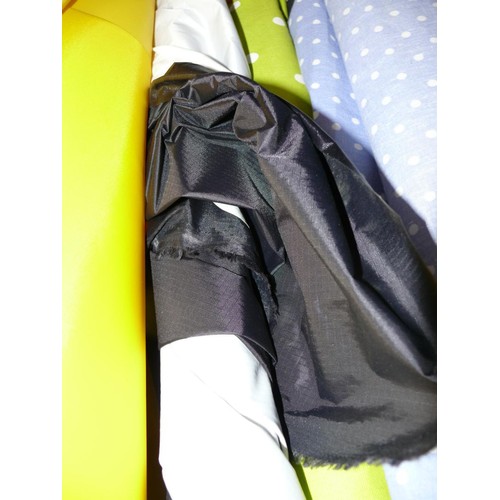 331 - 3 PART ROLLS OF WATERPROOF FABRIC 1 IN SUNSHINE YELLOW, 1 SHOWER CURTAIN MATERIAL AND 1 BLACK WITH L... 