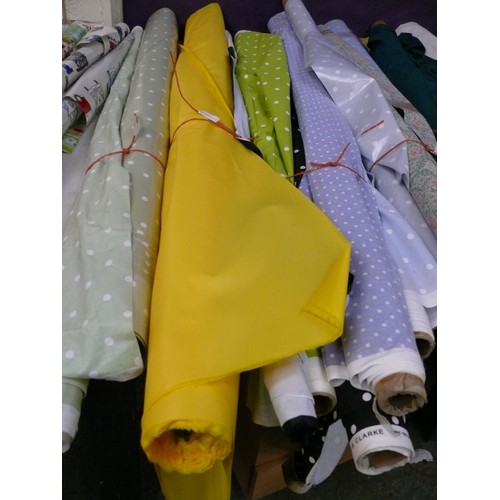 331 - 3 PART ROLLS OF WATERPROOF FABRIC 1 IN SUNSHINE YELLOW, 1 SHOWER CURTAIN MATERIAL AND 1 BLACK WITH L... 